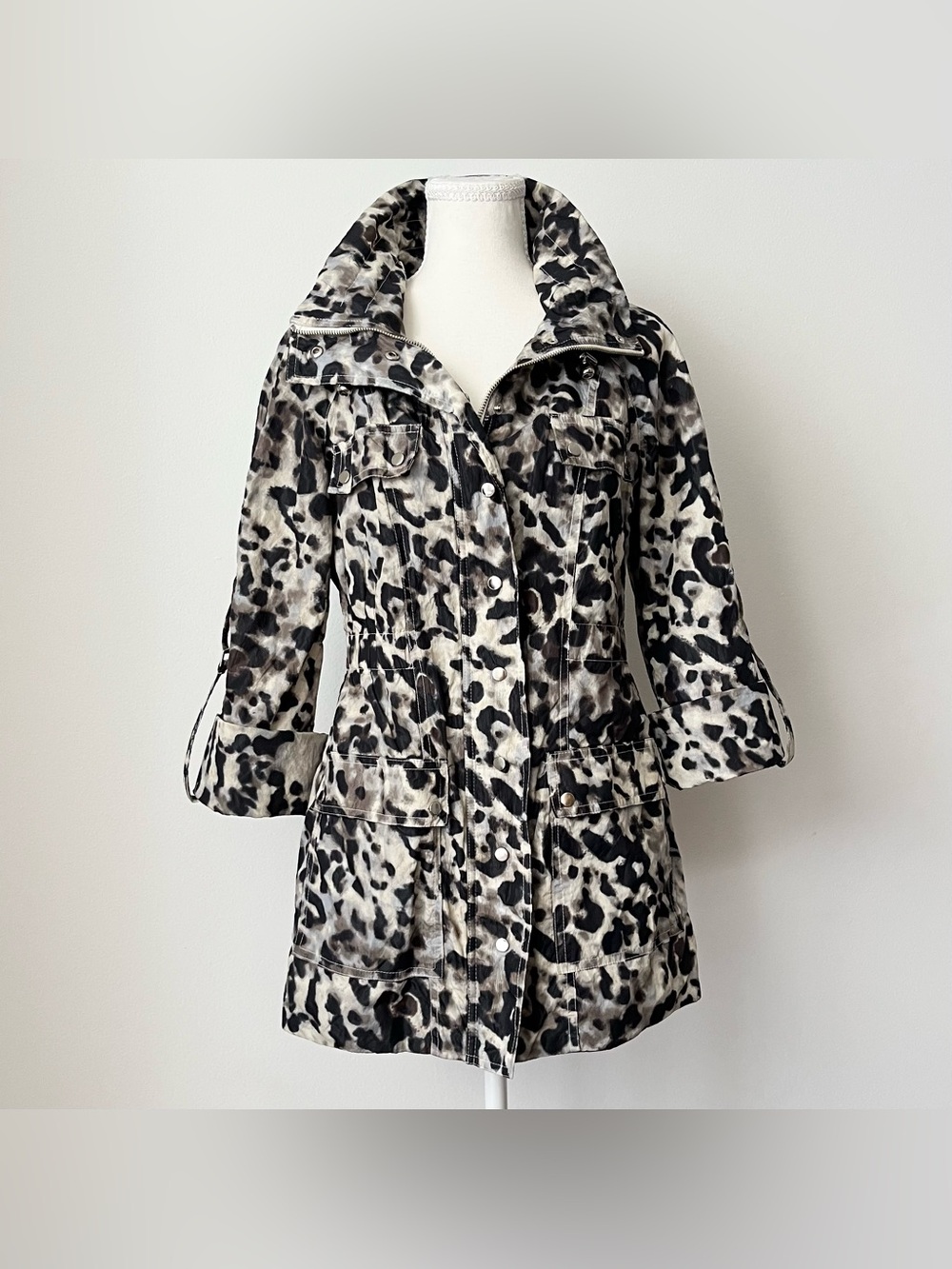 Vintage Alfani Women's Animal Print Parka Jacket Size S Lightweight Pockets Chic